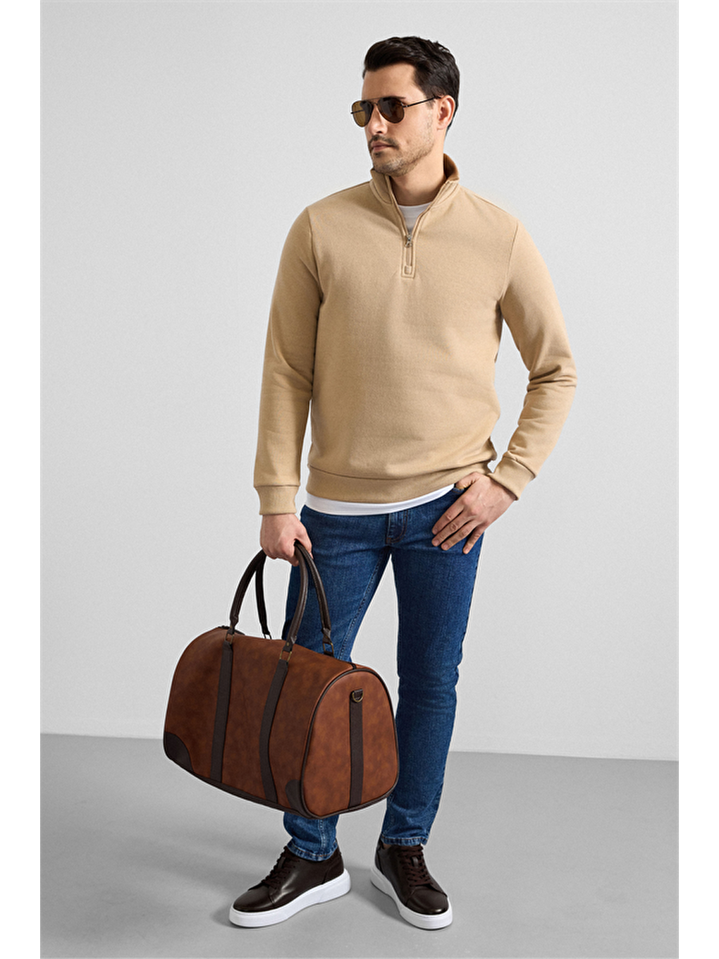 Bej Regular Düz Yarım Balıkçı Yaka Sweatshirt-9