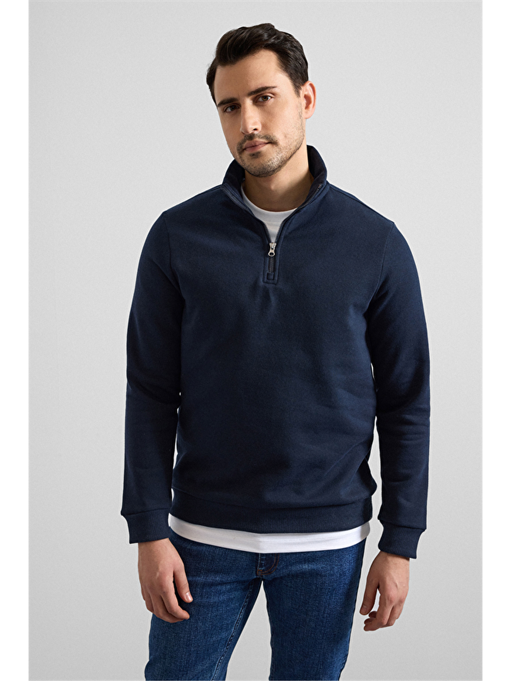 Lacivert Regular Düz Yarım Balıkçı Yaka Sweatshirt