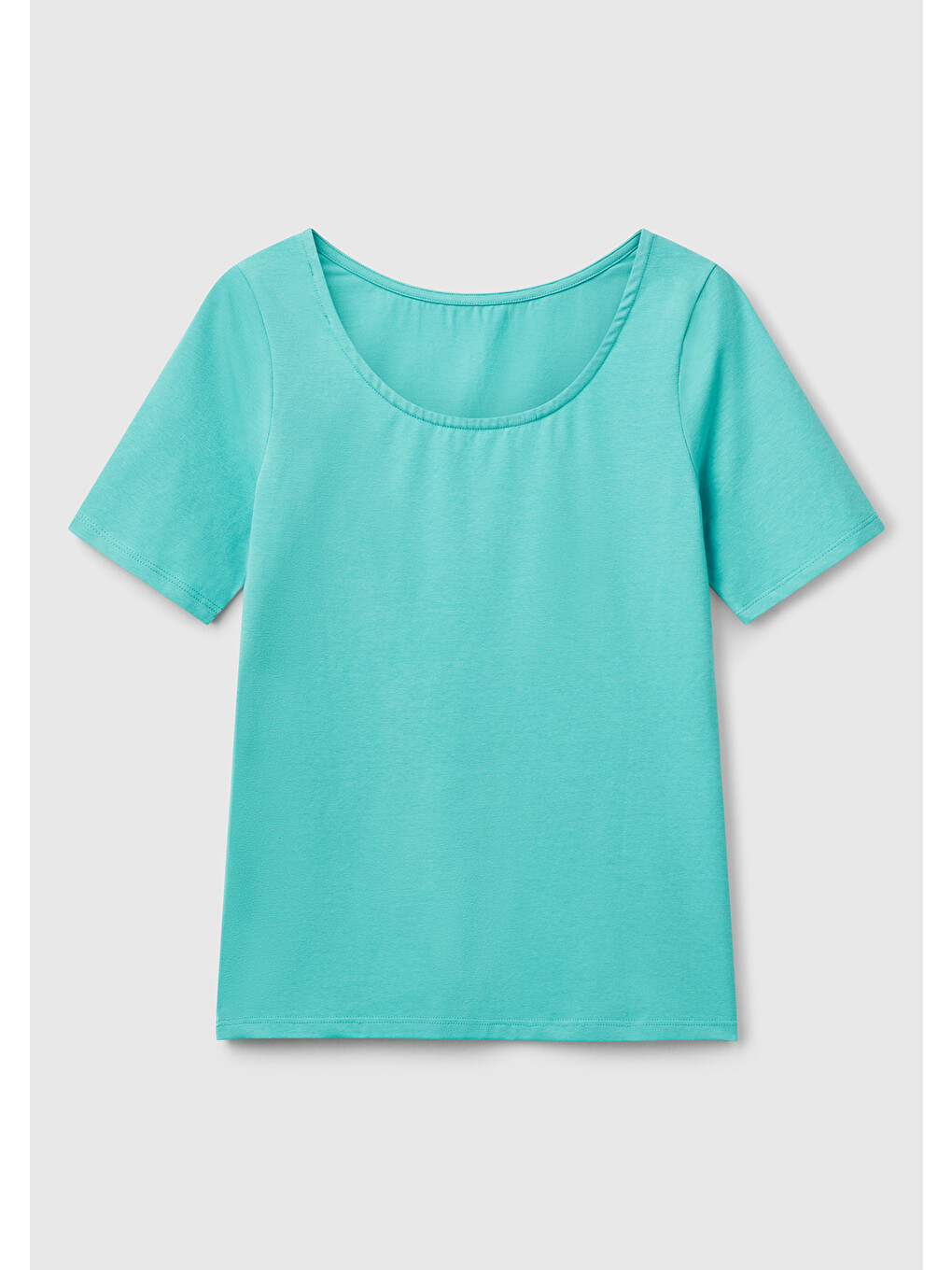 Kadın Turkuaz Pamuk Karışımlı Örme Slim Fit Geniş Yaka T-shirt-3