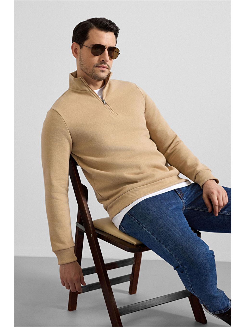 Bej Regular Düz Yarım Balıkçı Yaka Sweatshirt-10