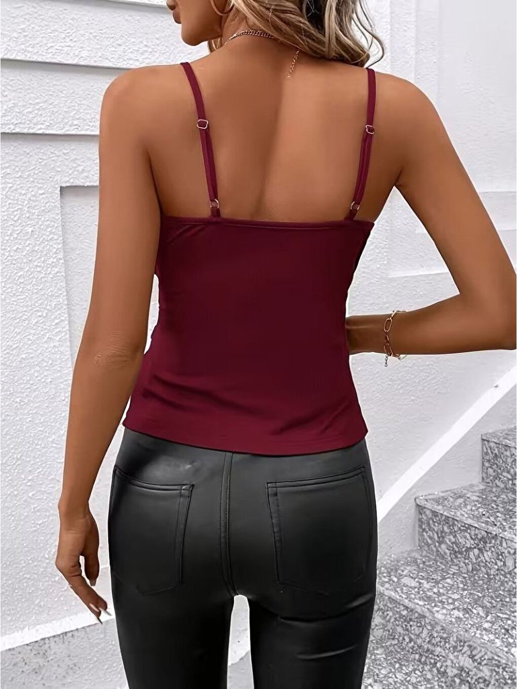 Kırmızı Kadın Ip Askılı önden çapraz Detaylı Ithal Krep Bluz-4