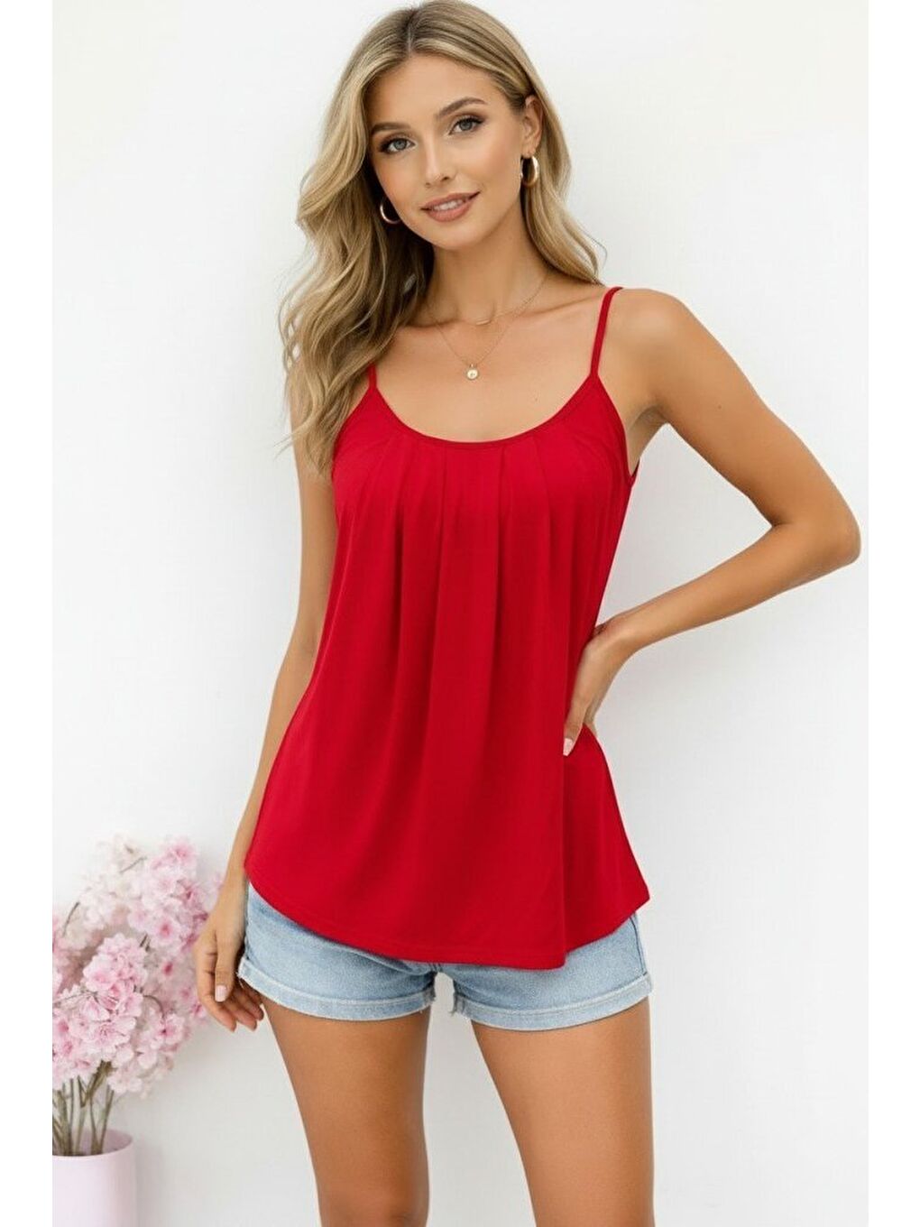 Kırmızı Kadın Ip Askılı Yuvarlak Yakalı Pileli Uzun Viskon Bluz-2