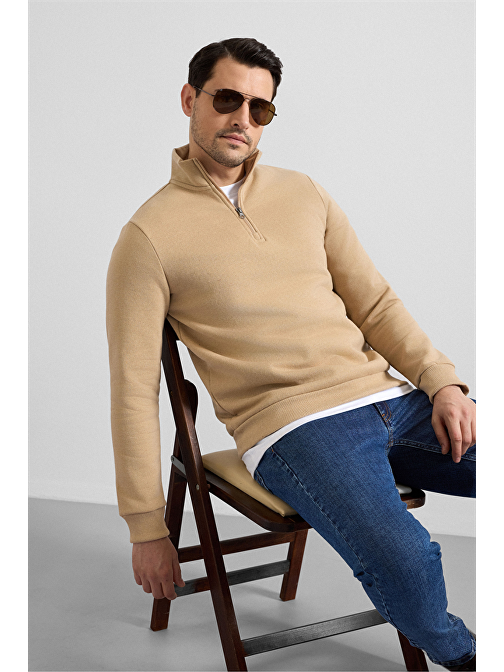Bej Regular Düz Yarım Balıkçı Yaka Sweatshirt-11