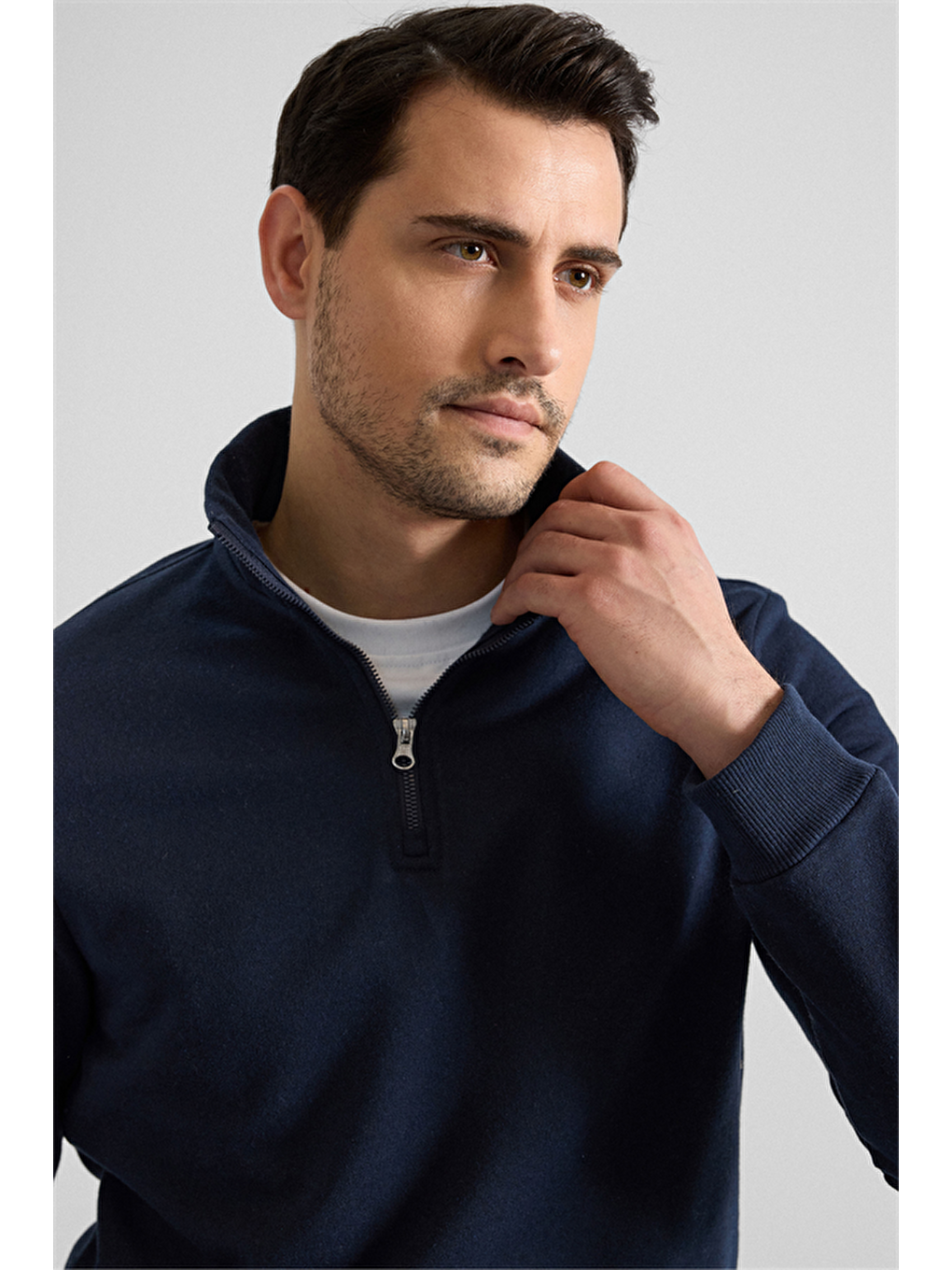 Lacivert Regular Düz Yarım Balıkçı Yaka Sweatshirt-1