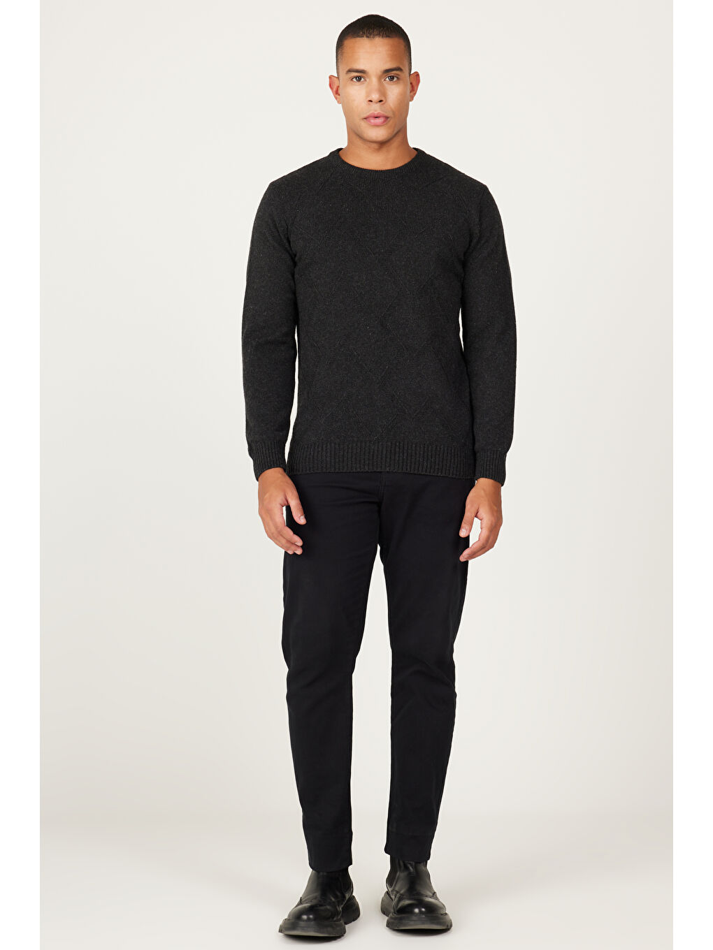 Erkek Antrasit Standart Fit Normal Kesim Bisiklet Yaka Jakarlı Triko %100 Pamuk Kazak-1