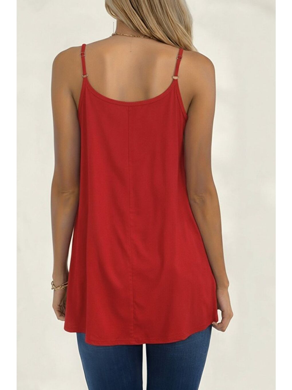 Kırmızı Kadın Ip Askılı Yuvarlak Yakalı Pileli Uzun Viskon Bluz-3