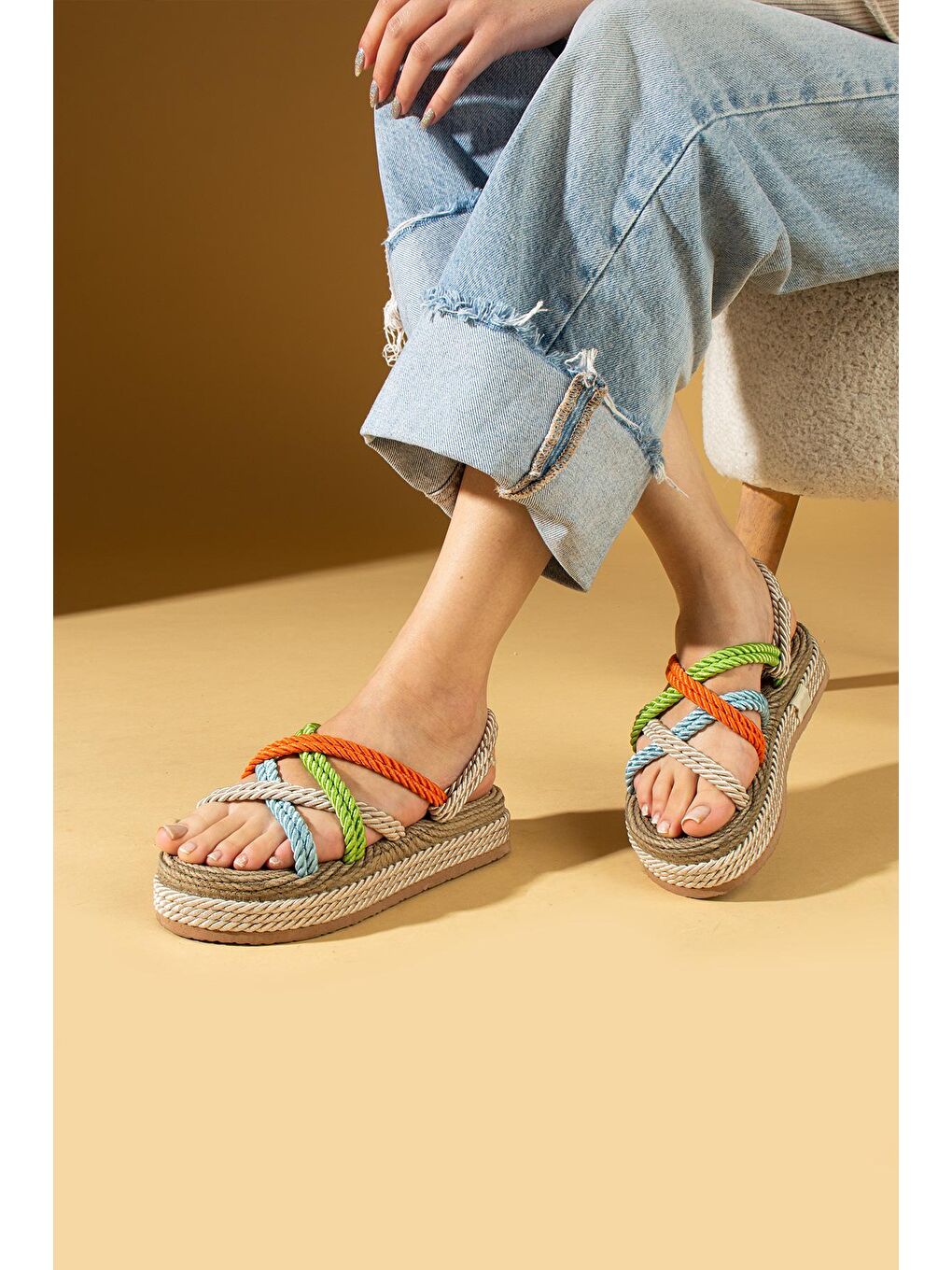 Karışık Kalın Taban Çapraz Bant Hasır Kadın Sandalet 30-15-24-1