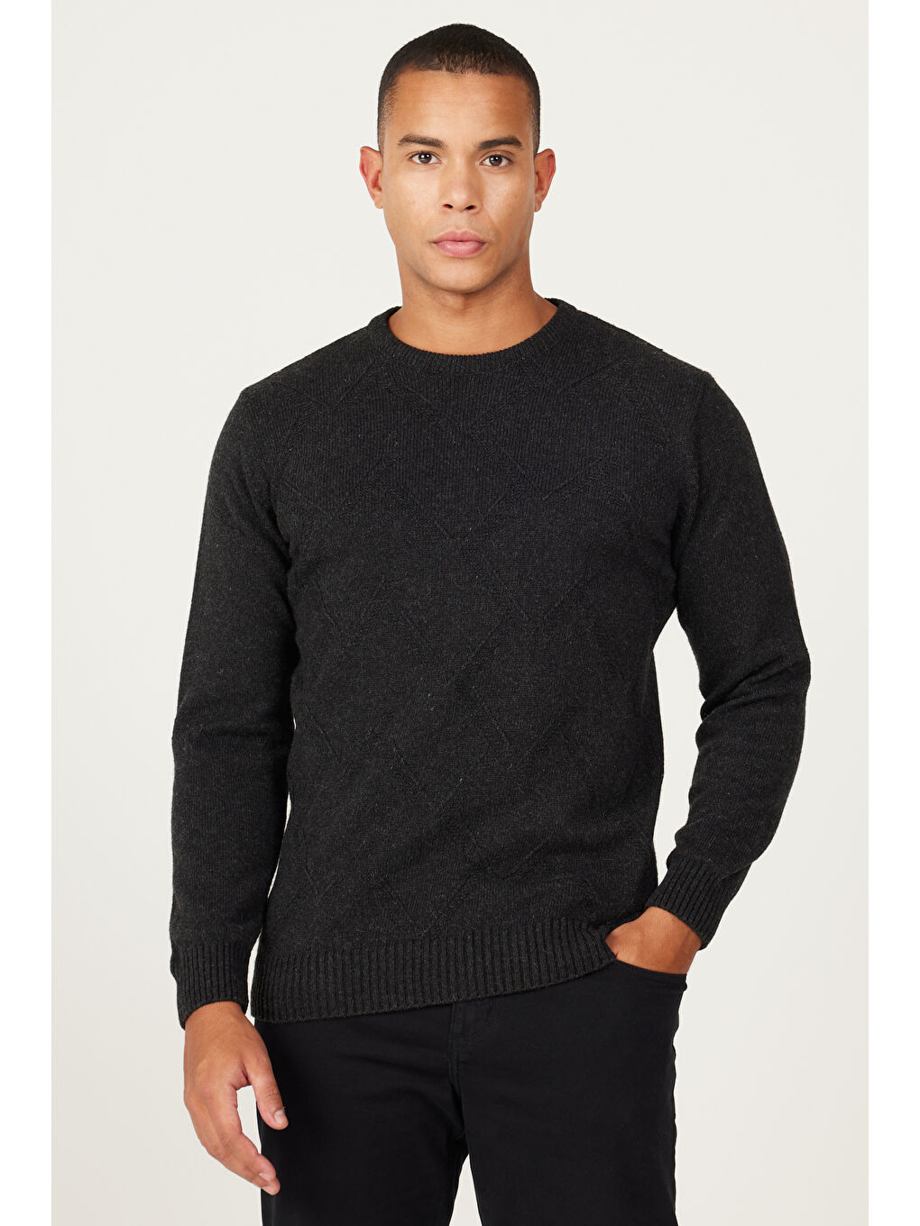 Erkek Antrasit Standart Fit Normal Kesim Bisiklet Yaka Jakarlı Triko %100 Pamuk Kazak-2