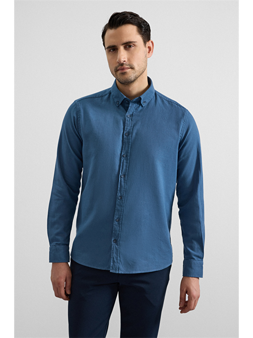 Mavi Slim Düğmeli Yaka Düz Casual Gömlek