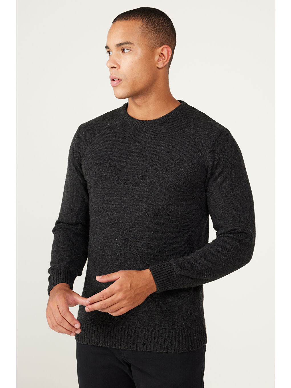 Erkek Antrasit Standart Fit Normal Kesim Bisiklet Yaka Jakarlı Triko %100 Pamuk Kazak-3