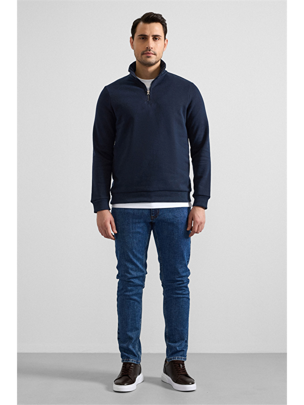 Lacivert Regular Düz Yarım Balıkçı Yaka Sweatshirt-3