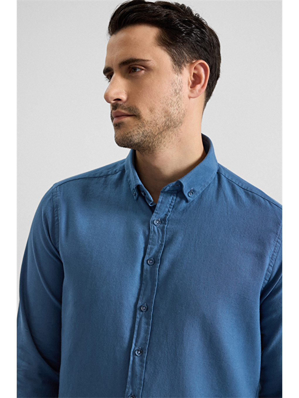 Mavi Slim Düğmeli Yaka Düz Casual Gömlek-1