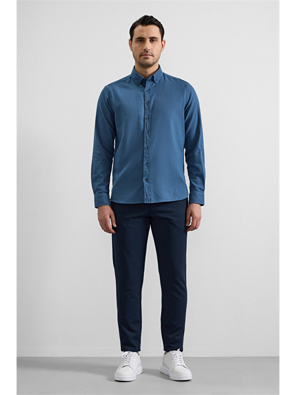 Mavi Slim Düğmeli Yaka Düz Casual Gömlek-2