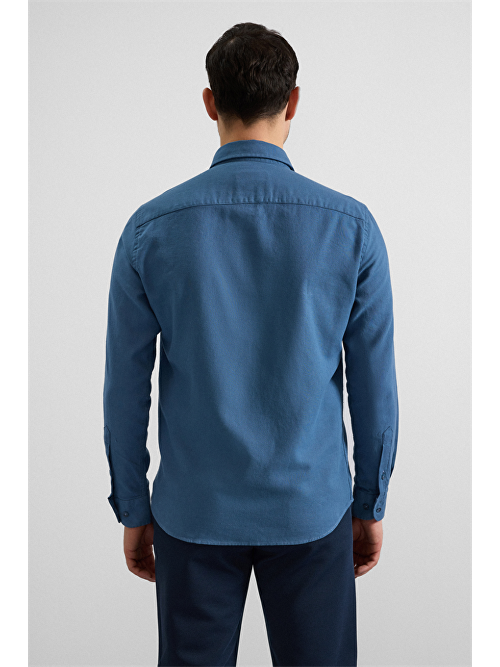 Mavi Slim Düğmeli Yaka Düz Casual Gömlek-3