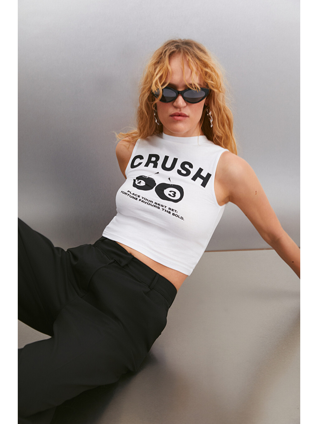 Azura Kadın Baskılı Pamuklu Kısa Kollu Crop Beyaz T-shirt-1