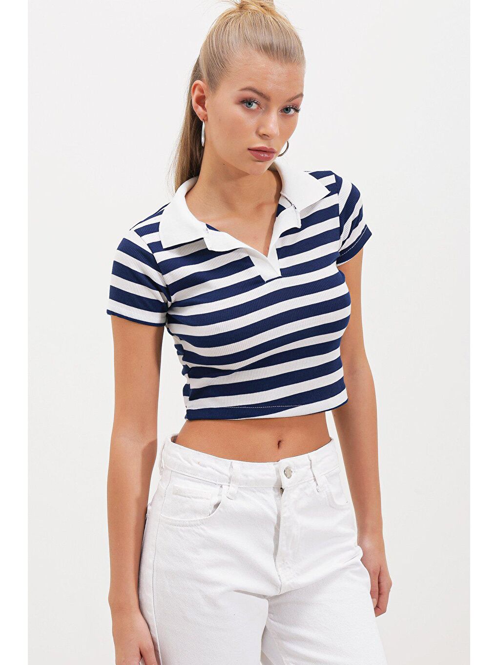 Lacivert Polo Yaka Kalın Çizgili T-SHİRT