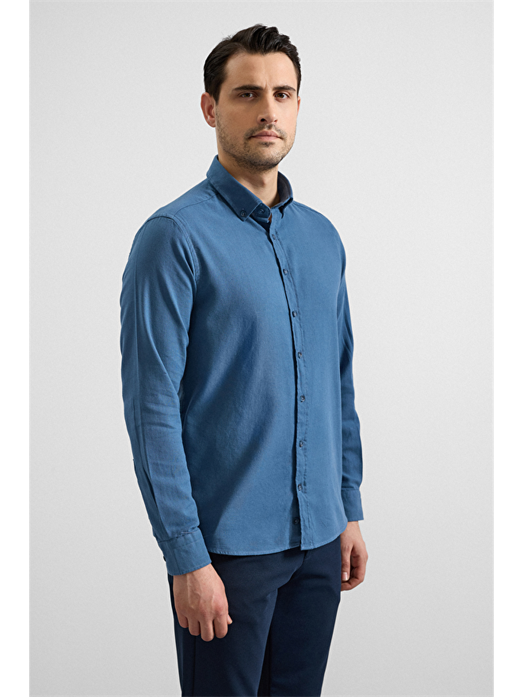 Mavi Slim Düğmeli Yaka Düz Casual Gömlek-4