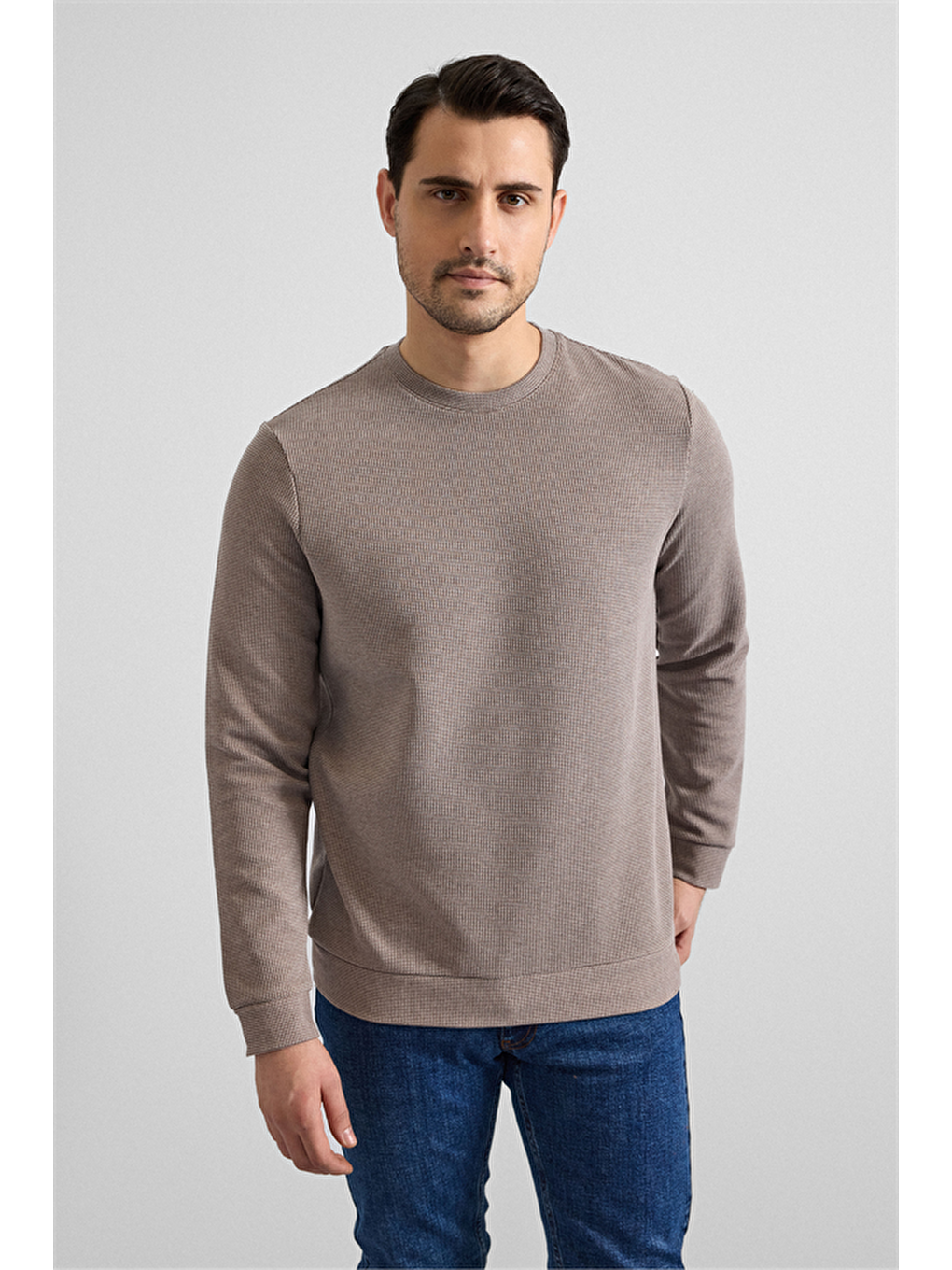 Kahverengi Koyu Kahve Regular Düz Bisiklet Yaka Sweatshirt-1