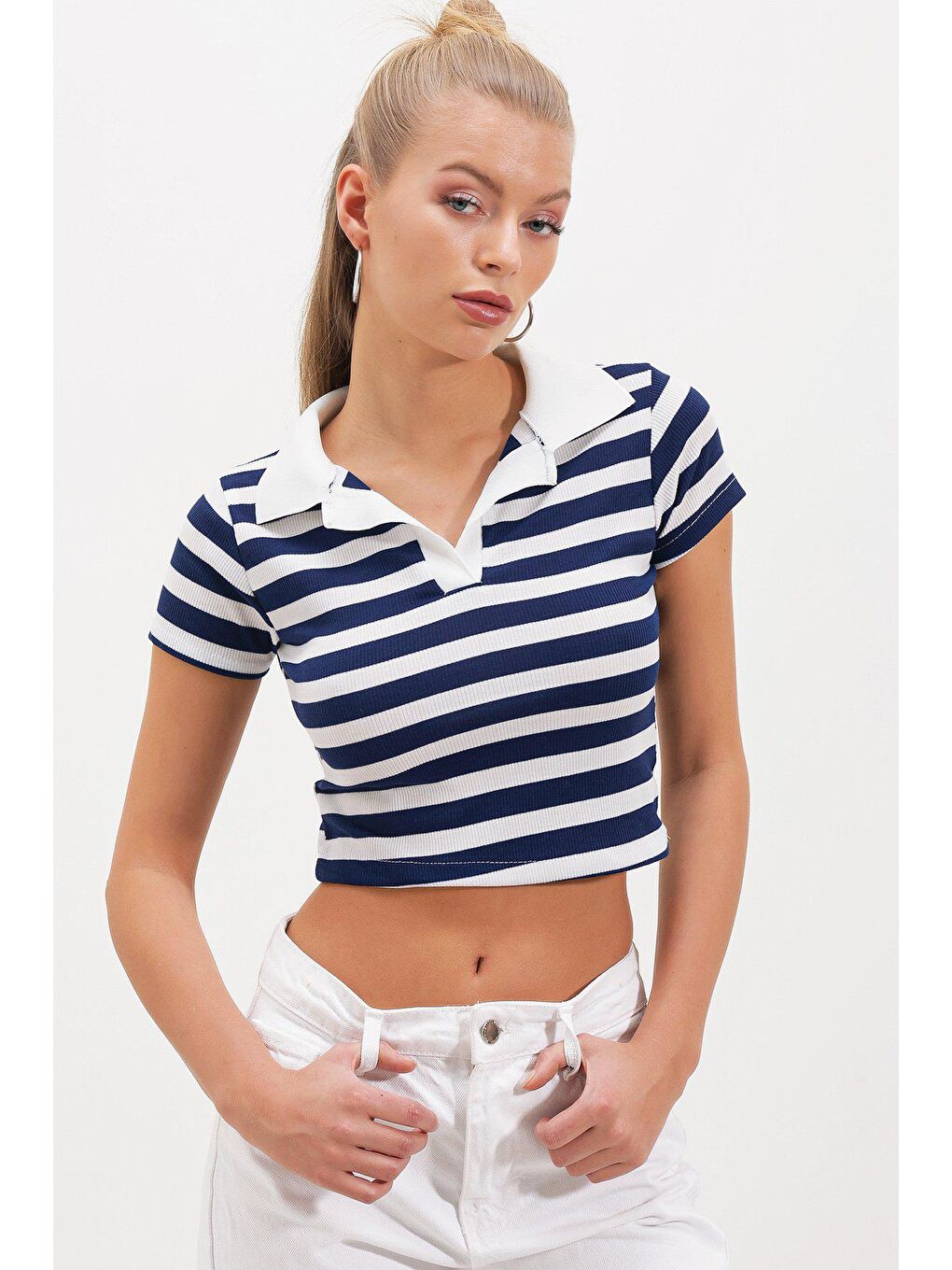 Lacivert Polo Yaka Kalın Çizgili T-SHİRT-1