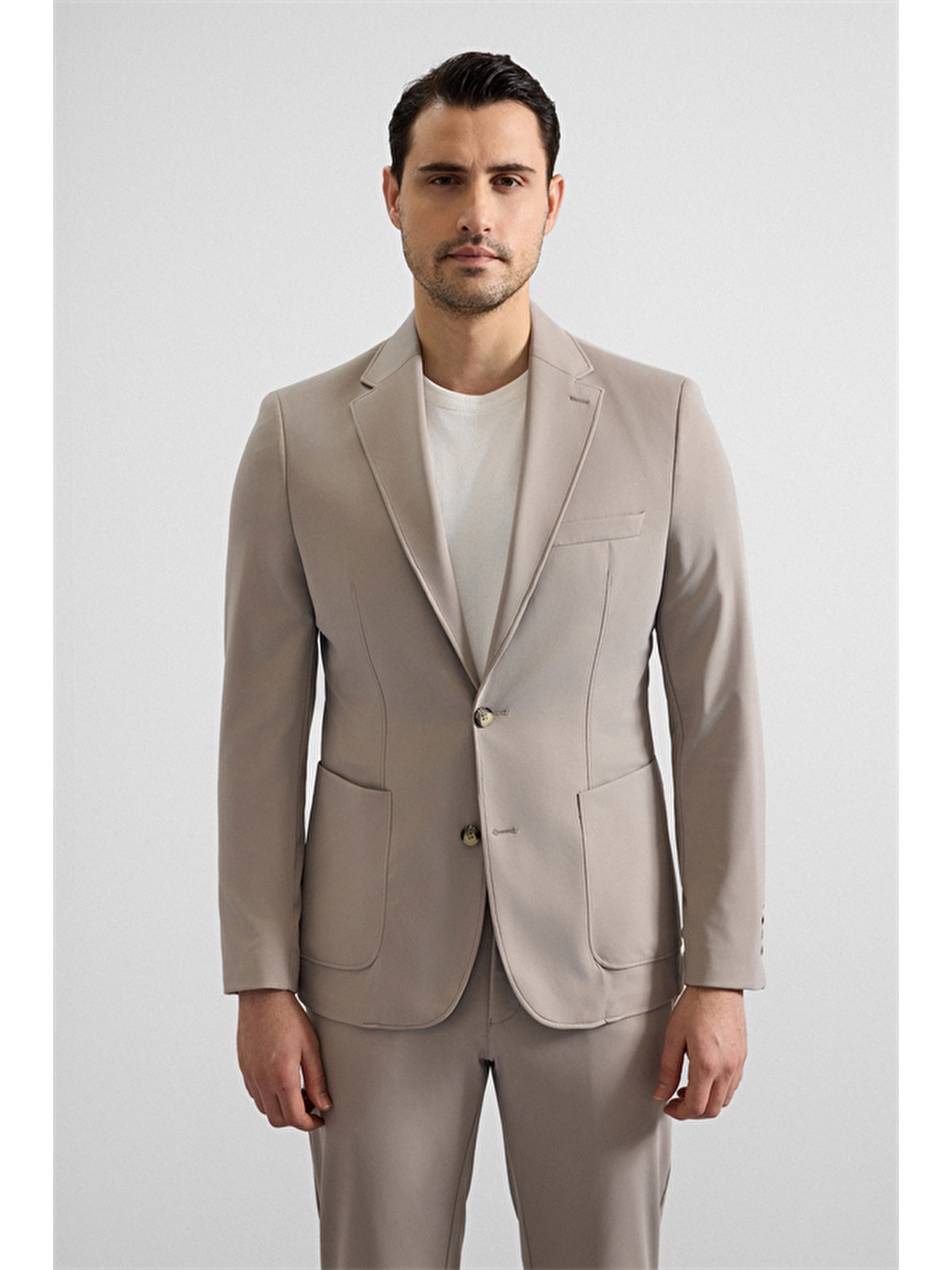 Kahverengi Sütlü Kahve Slim Mono Yaka Düz Torba Cep 6 Drop Takım Elbise-1