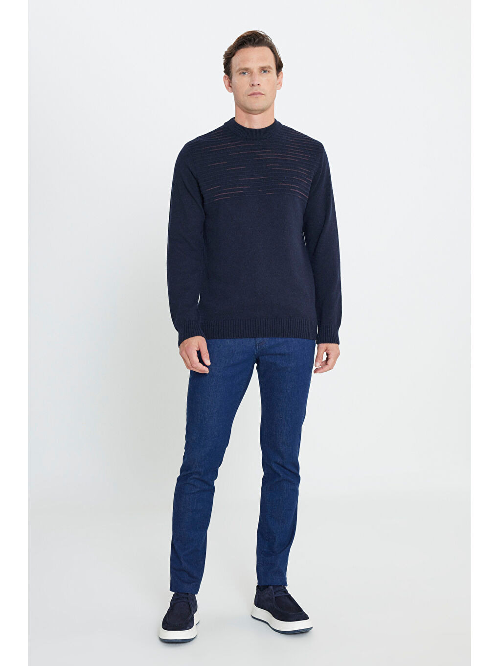 Erkek Lacivert-Bordo Standart Fit Normal Kesim Yarım Balıkçı Yaka Triko %100 Pamuk Kazak-1