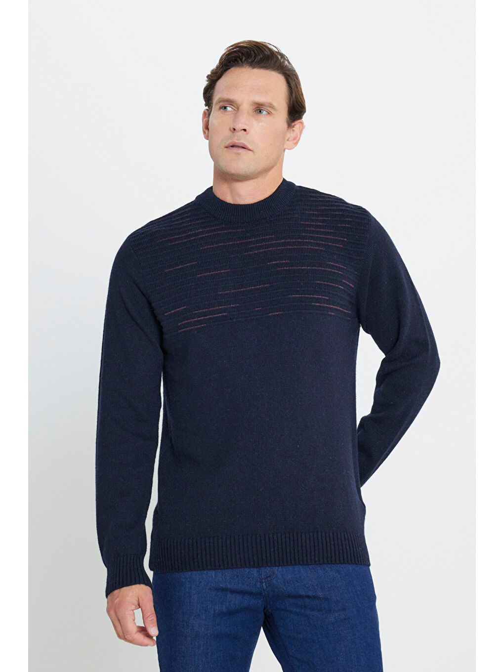 Erkek Lacivert-Bordo Standart Fit Normal Kesim Yarım Balıkçı Yaka Triko %100 Pamuk Kazak-2