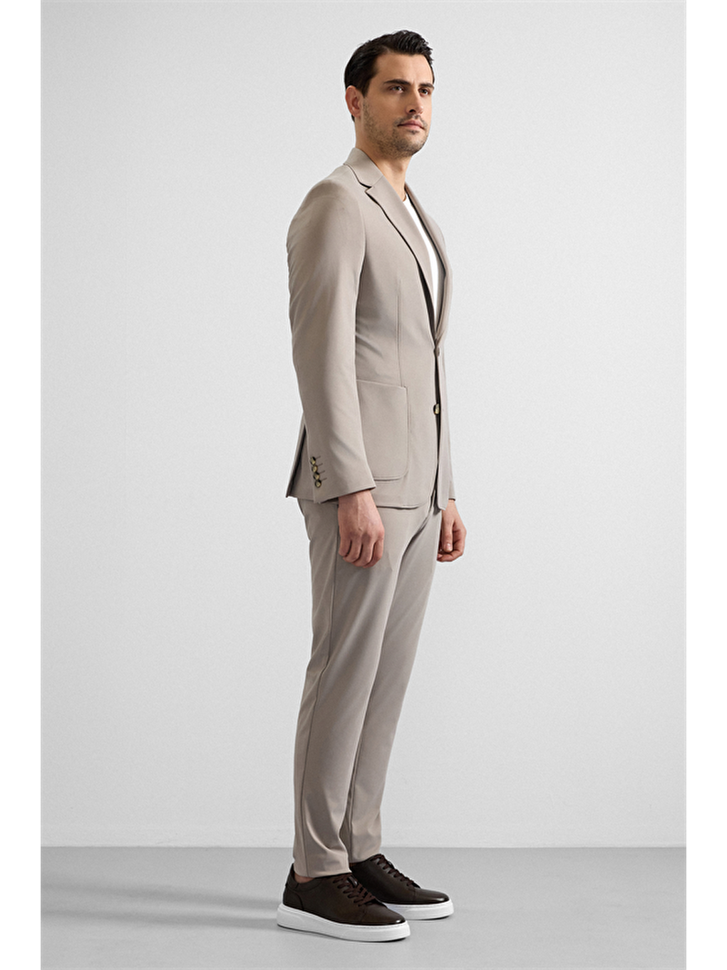 Kahverengi Sütlü Kahve Slim Mono Yaka Düz Torba Cep 6 Drop Takım Elbise-7