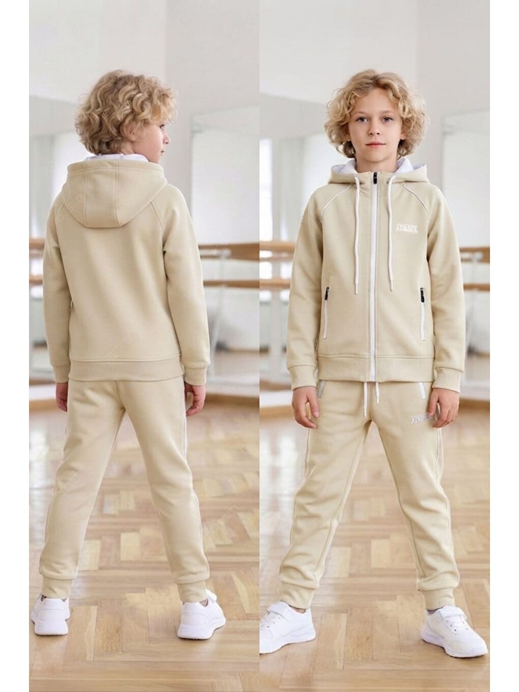 Ekru Erkek Çocuk Scuba Atheletic Reglan Kol Kapüşonlu Dalgıç Kumaş Eşofman Takımı Esf7028-3