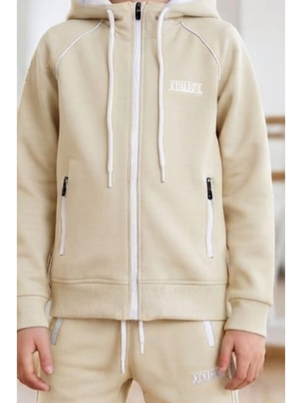 Ekru Erkek Çocuk Scuba Atheletic Reglan Kol Kapüşonlu Dalgıç Kumaş Eşofman Takımı Esf7028-5