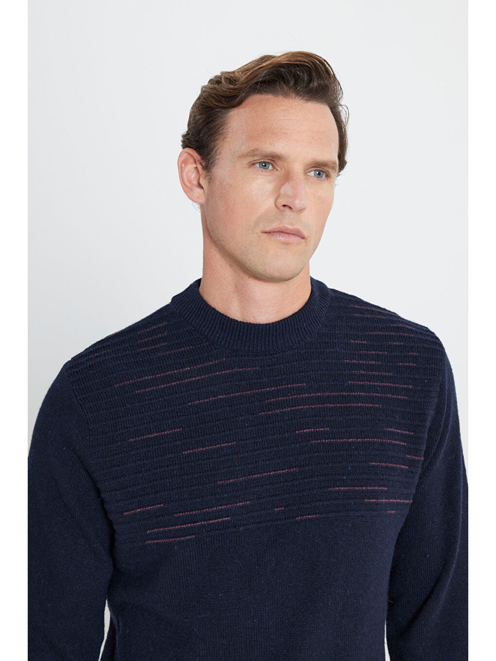 Erkek Lacivert-Bordo Standart Fit Normal Kesim Yarım Balıkçı Yaka Triko %100 Pamuk Kazak-3