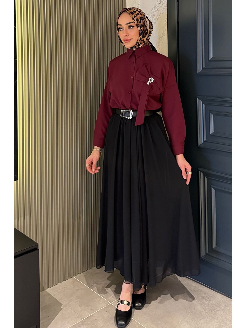 Siyah Kemerli Tesettür Şifon Etek