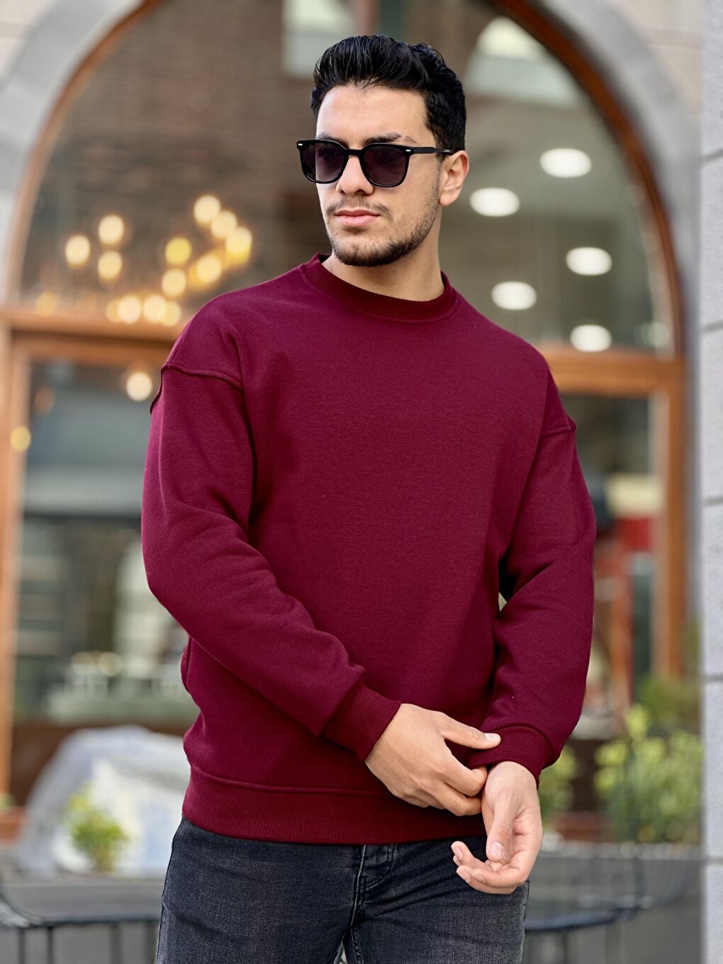 Miron Bordo Unisex Üç İplik İçi Şardonlu Bisiklet Yaka Oversize Sweatshirt - 1