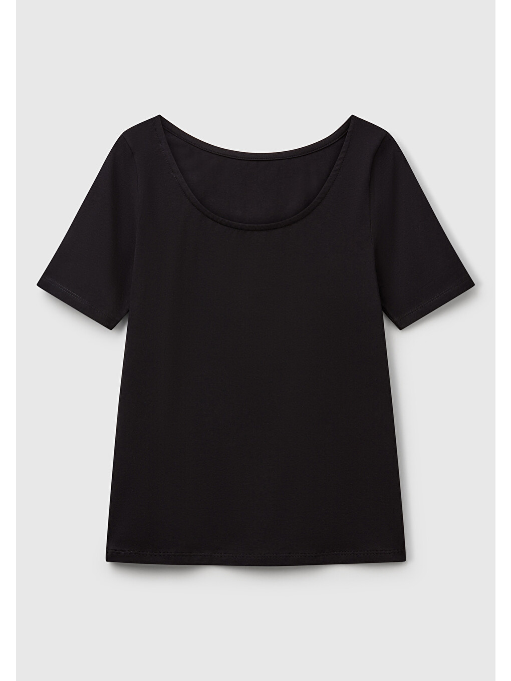 Kadın Siyah Pamuk Karışımlı Örme Slim Fit Geniş Yaka T-shirt-3