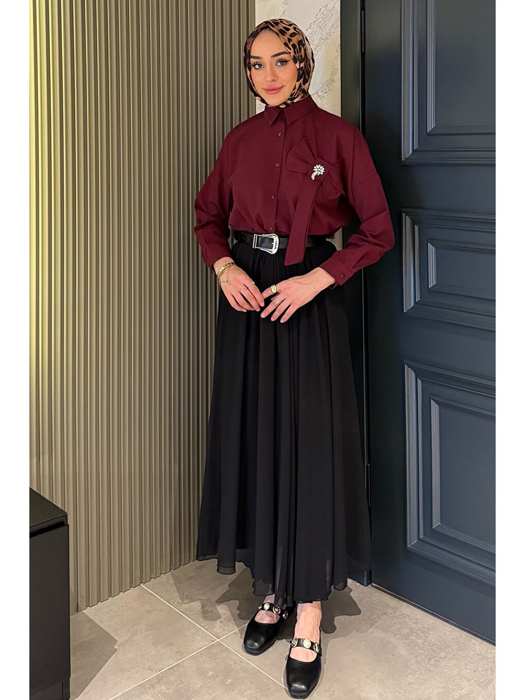 Siyah Kemerli Tesettür Şifon Etek-3