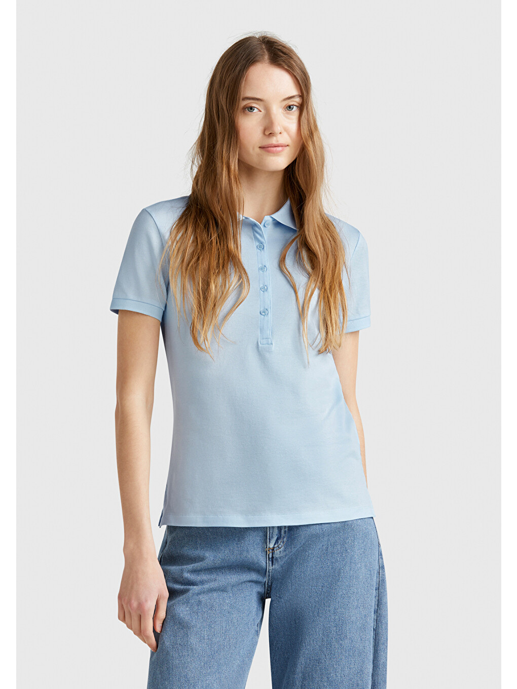 Kadın Açık Mavi Pamuk Karışımlı Sol Önü Logo Nakışlı Slim Fit Polo T-shirt