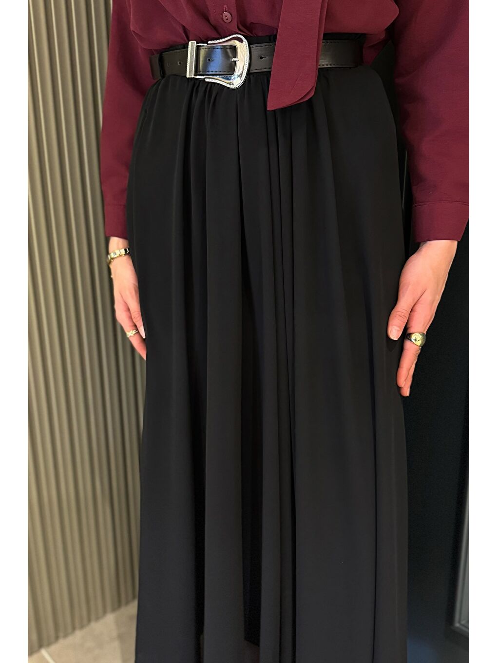 Siyah Kemerli Tesettür Şifon Etek-5