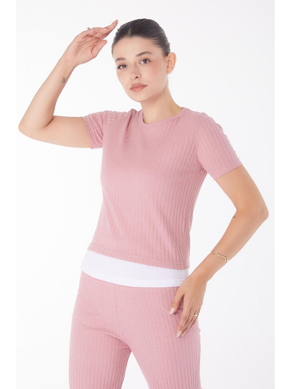 TOFİSA Pembe Düz Bisiklet Yaka Kadın Pembe T-shirt Pantolon İkili Takım - 25952 - 2