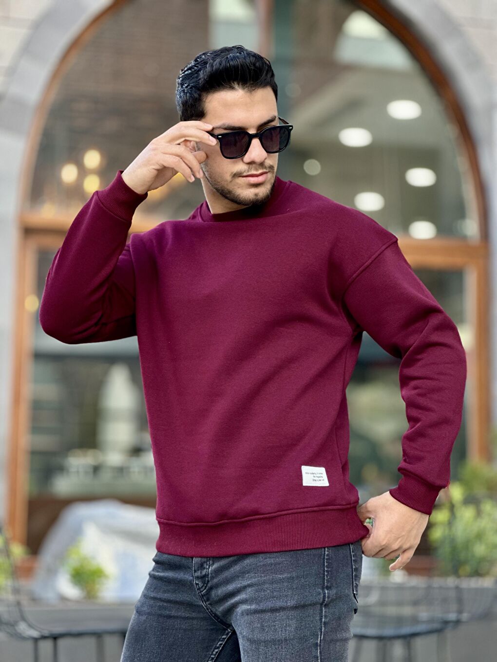 Miron Bordo Unisex Üç İplik İçi Şardonlu Bisiklet Yaka Oversize Sweatshirt - 2