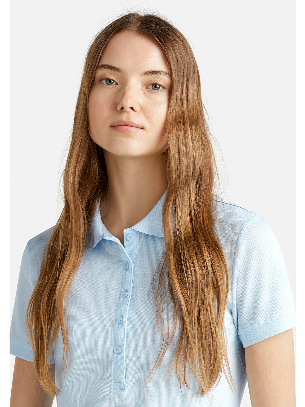 Kadın Açık Mavi Pamuk Karışımlı Sol Önü Logo Nakışlı Slim Fit Polo T-shirt-4