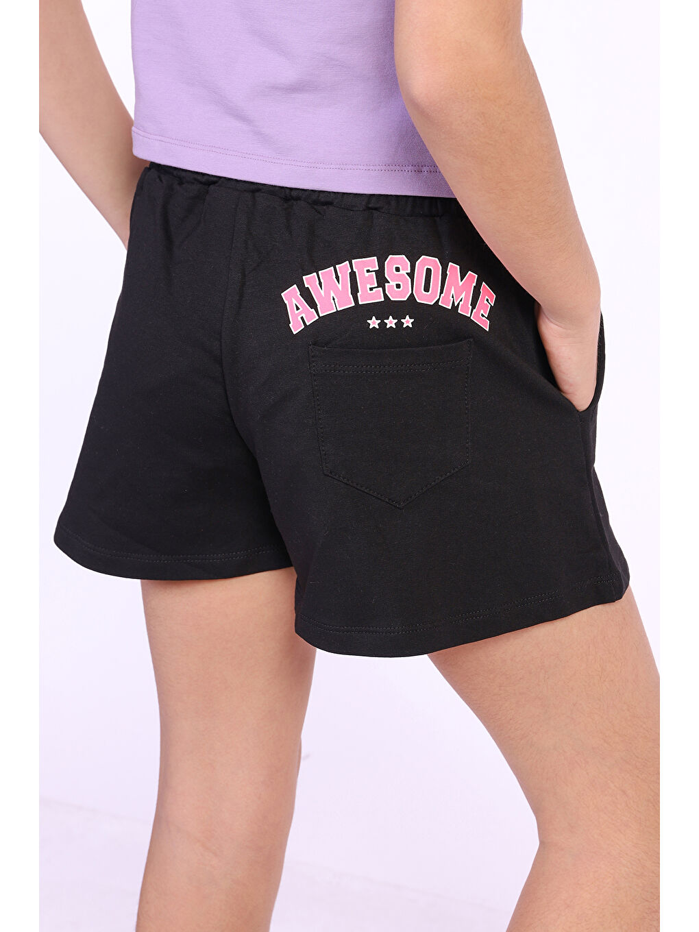 Siyah Kız Çocuk Arka Awesome Baskılı Şort-1