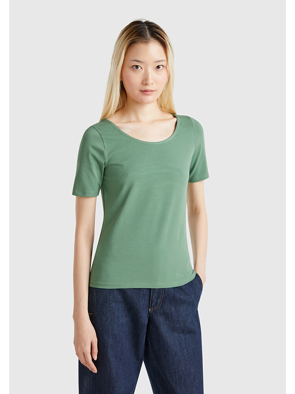 Kadın Yeşil Pamuk Karışımlı Örme Slim Fit Geniş Yaka T-shirt