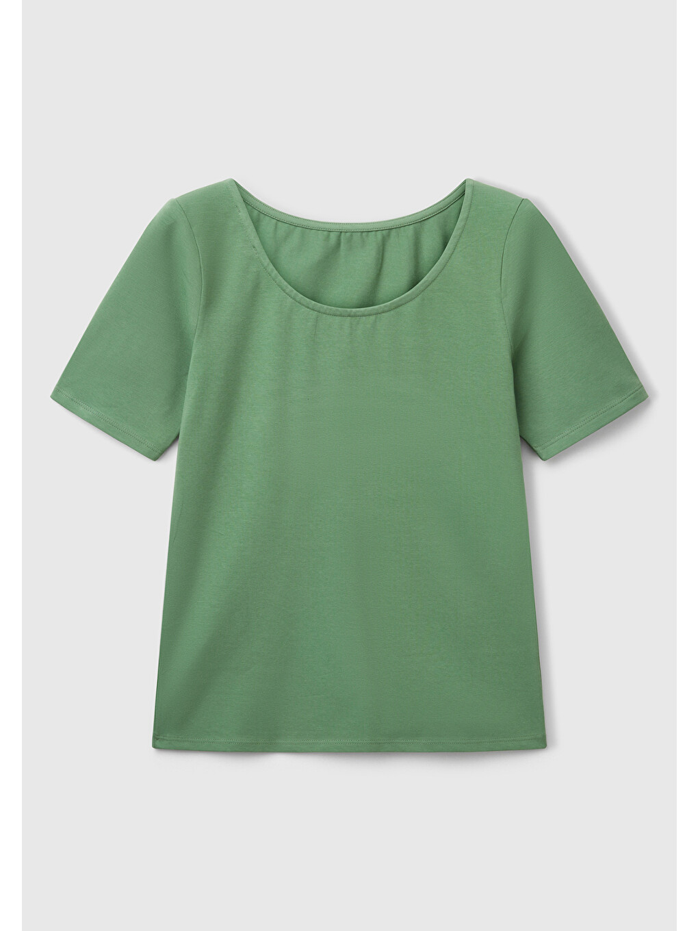 Kadın Yeşil Pamuk Karışımlı Örme Slim Fit Geniş Yaka T-shirt-1