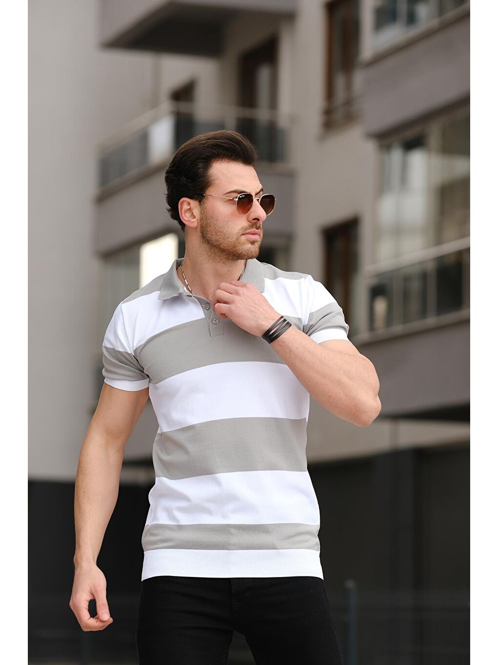 Gri Ht 340016 Çift Renk Bisiklet Yaka Erkek Triko Tişört-1