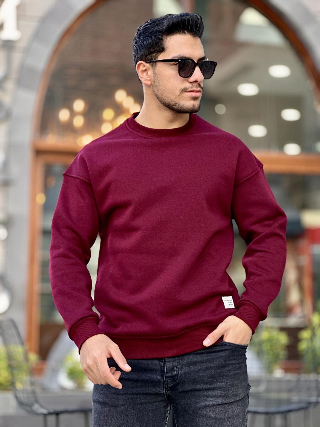 Miron Bordo Unisex Üç İplik İçi Şardonlu Bisiklet Yaka Oversize Sweatshirt - 3