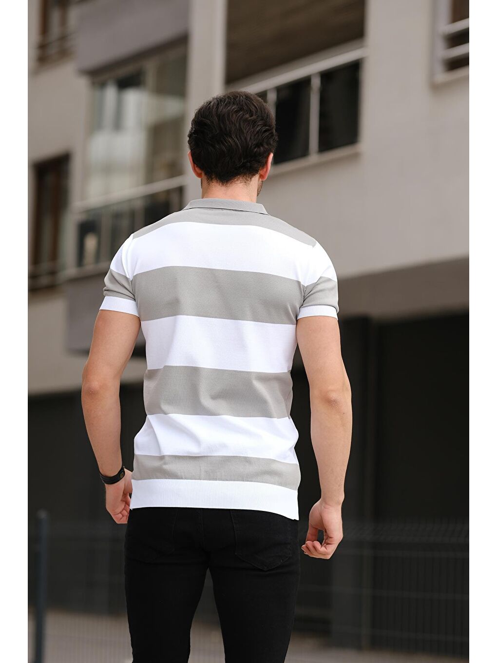 Gri Ht 340016 Çift Renk Bisiklet Yaka Erkek Triko Tişört-2