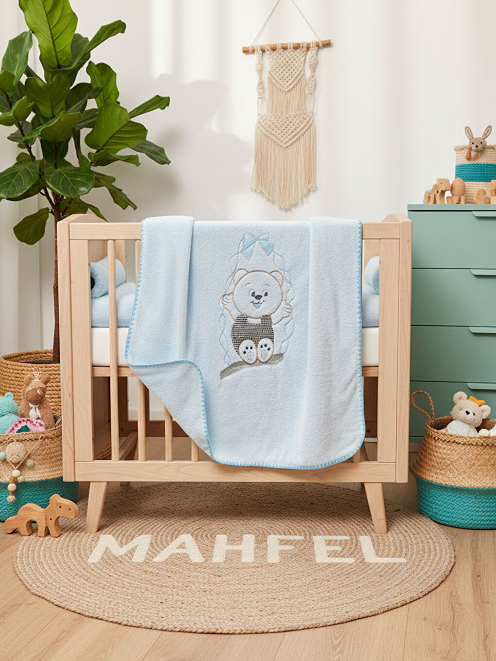 Mavi Çift Katlı Welsoft Salıncak Nakışlı Bebek Battaniyesi MAVİ-1