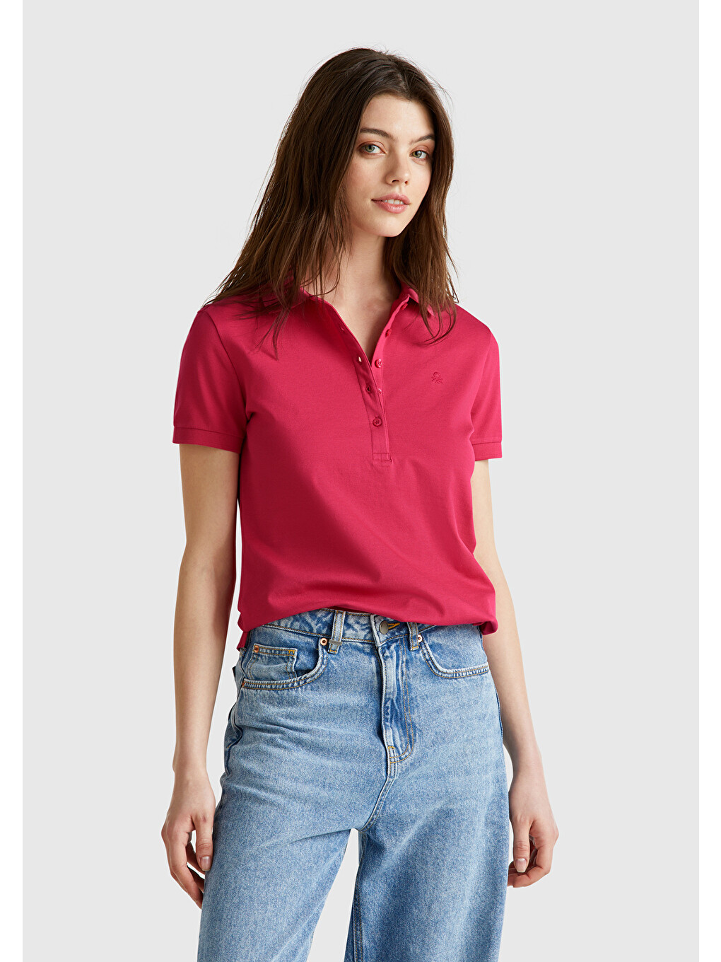 Kadın Kırmızı Pamuk Karışımlı Sol Önü Logo Nakışlı Slim Fit Polo T-shirt