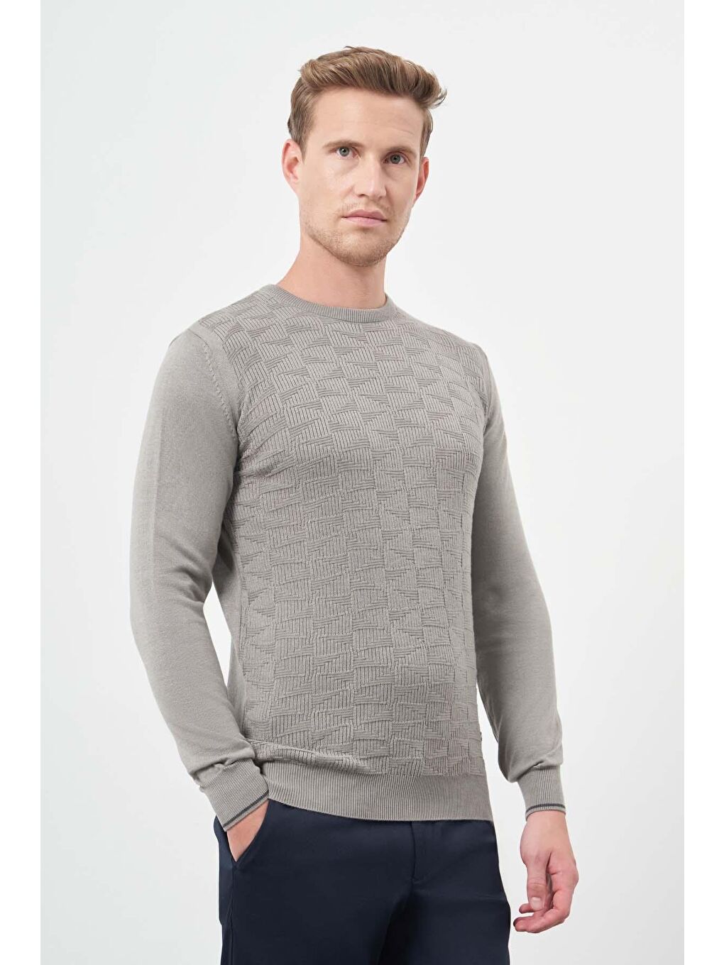 Gri Uzun Kol Kendinden Desenli Örme Bisiklet Yaka Classic Slim Fit Triko 1012245200