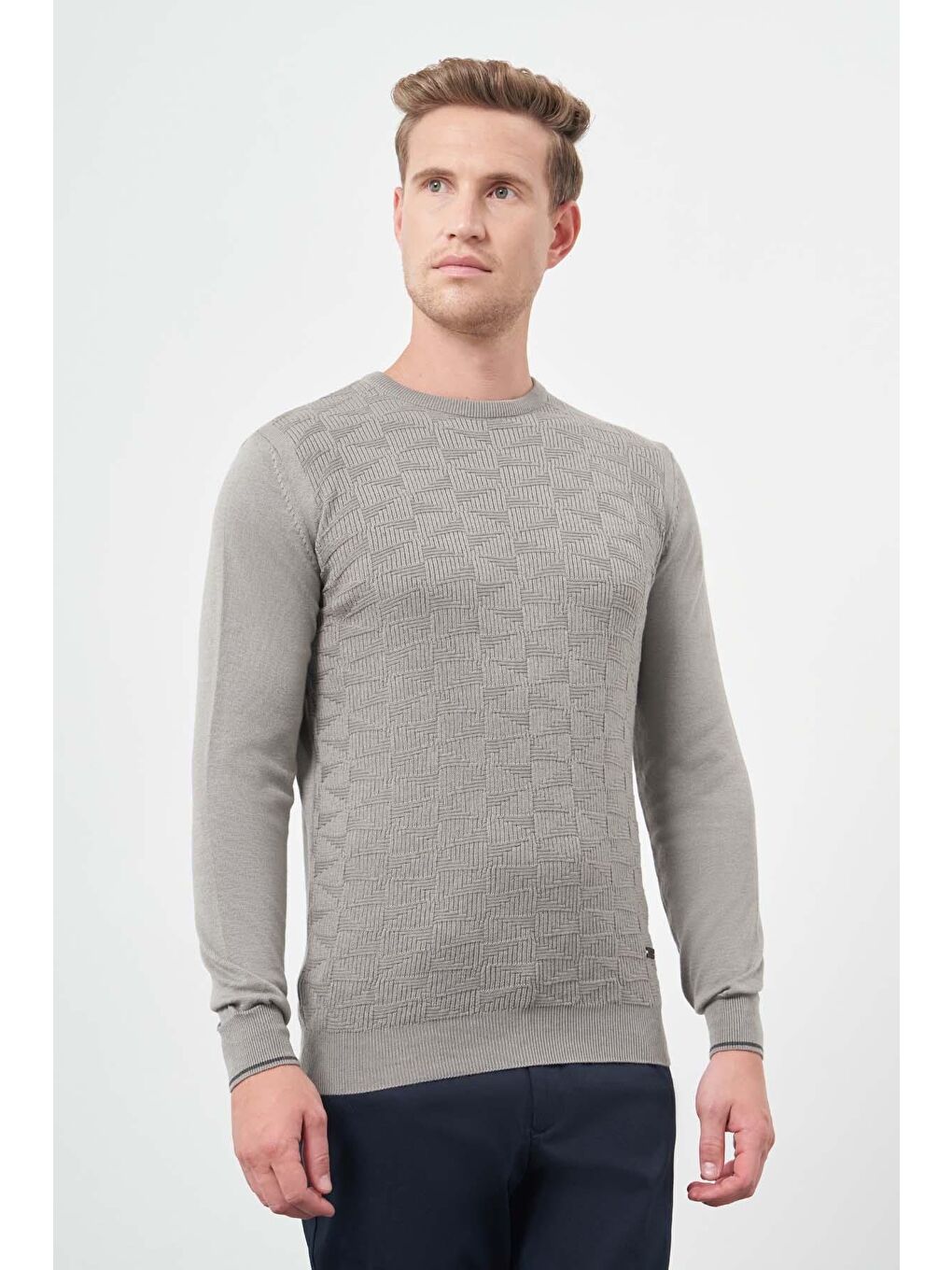 Gri Uzun Kol Kendinden Desenli Örme Bisiklet Yaka Classic Slim Fit Triko 1012245200-1