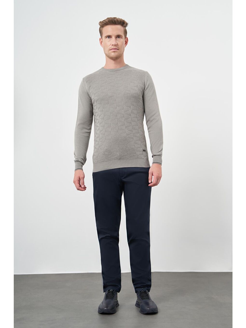 Gri Uzun Kol Kendinden Desenli Örme Bisiklet Yaka Classic Slim Fit Triko 1012245200-2